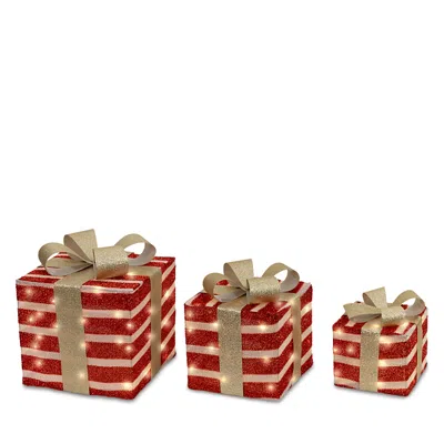 Kaemingk Led Light Striped Gift Box, Set Of 3 In Red