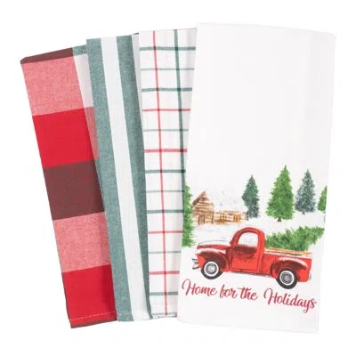 Kaf Home 4 Piece Woodland Truck Tea Towel Set In White;green;red