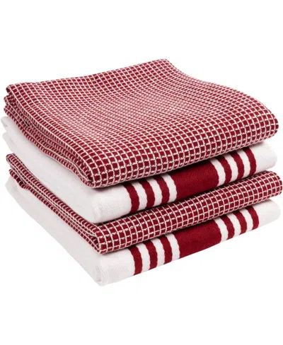 Kaf Home Center Band Waffle Cotton 4 Piece Flat Kitchen Towel, 18" X 28" In Wine