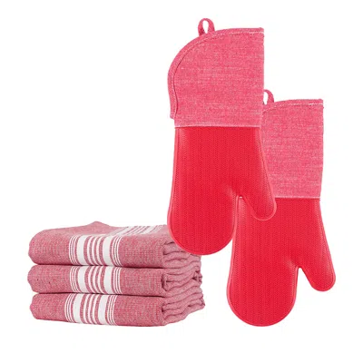 Kaf Home Strada Set Of 5 Kitchen Linen Bundle In Red