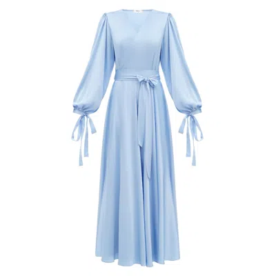 Kâfemme Women's Baby Blue Flowy Silky Modest Maxi Dress Long Sleeve