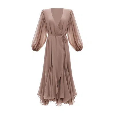 Kâfemme Women's Brown Coffee Chiffon Layered Boho Long Sleeve Midi Dress
