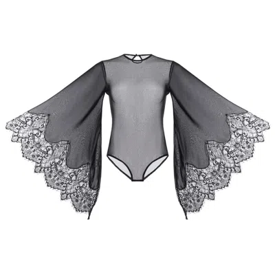 Kâfemme Women's Dramatic Sheer Mesh Black Bodysuit Long Sleeve