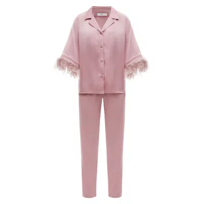 Kâfemme Women's Pink / Purple Lilac Satin Feather Shirt And Pant Pajama Set In Pink/purple