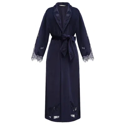 Kâfemme Women's Plush Velvet Blue Kimono Robe With Lace