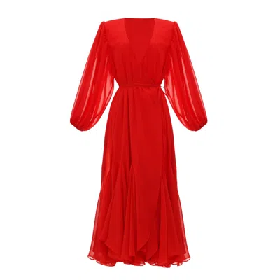 Kâfemme Women's Red Chiffon Layered Boho Long Sleeve Dress