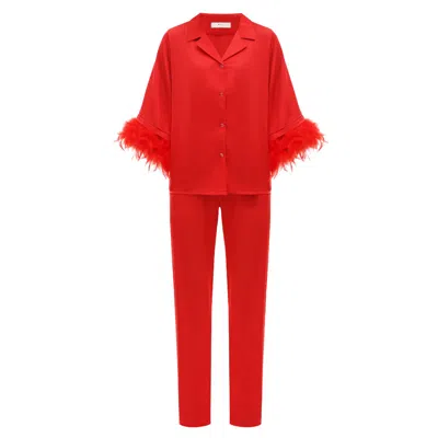 Kâfemme Women's Red Satin Feather Shirt And Pant Pajama Set