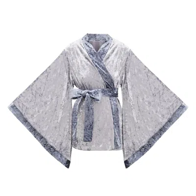 Kâfemme Women's Silver / Blue Short Soft Velvet Silver Kimono Jacket Coat With Lining