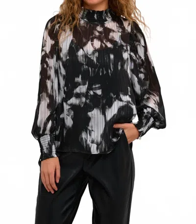 Kaffe Kalifa Chiffon Mock Neck Blouse In Black Grey Blurry Graphics In Gray