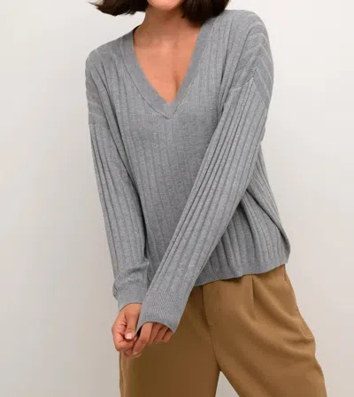 Kaffe Kalola V-neck Striped Loose Fit Pullover In Grey Melange In Gray