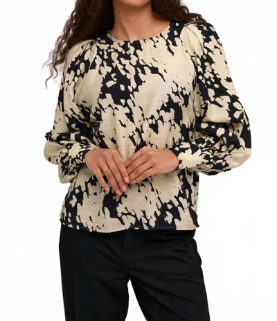 Kaffe Kalouise Long Sleeve Round Neck Blouse In Black Sand Graphic Cloud In Neutral