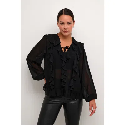 Kaffe Kaninna V-neck Ruffles Chiffon Blouse In Black