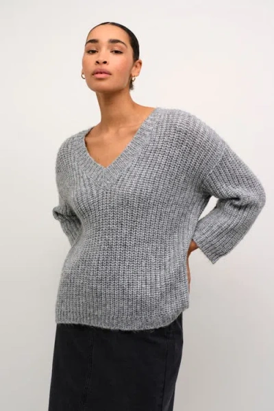 Kaffe Kavinda V-neck 3/4 Sleeves Pullover In Gray