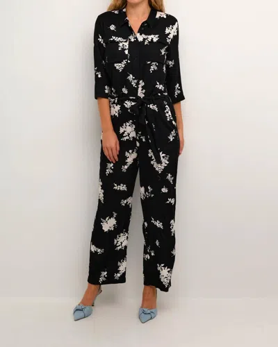 Kaffe Rutie Three Quarter Sleeve Jumpsuit In Black White Flower Print In Multi