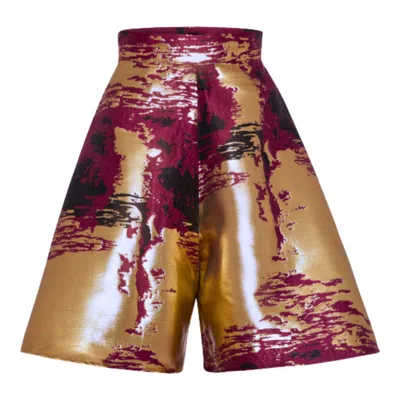 Kahindo Gold / Red Burgundy Jacquard Ola Bermuda Shorts In Gold/red