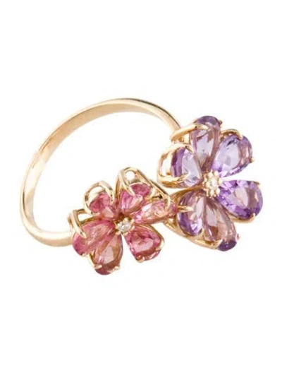Pre-owned Kai Fine Jewelry 14k 2.20ctw Amethyst, Tourmaline & Diamond Flora Blossom Cocktail Ring In Multi