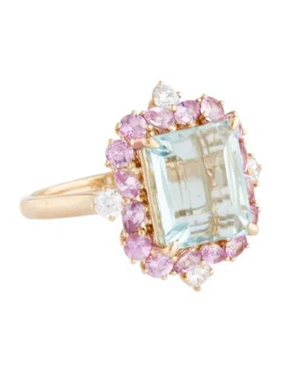 Pre-owned Kai Fine Jewelry 14k 6.20ct Aquamarine, Sapphire, & Lab-grown Diamond Cocktail Ring In Multicolor