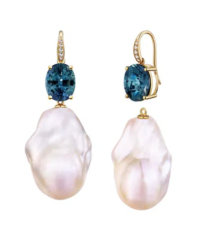 Kai Fine Jewelry 14k 6.45 Ct. Tw. Diamond & London Blue Topaz & 16-17mm Pearl Drop Earrings In Multi