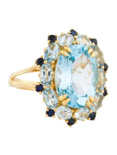 Pre-owned Kai Fine Jewelry 14k 7.20ct Topaz, Aquamarine, & Sapphire Mira Cluster Ring In Multi