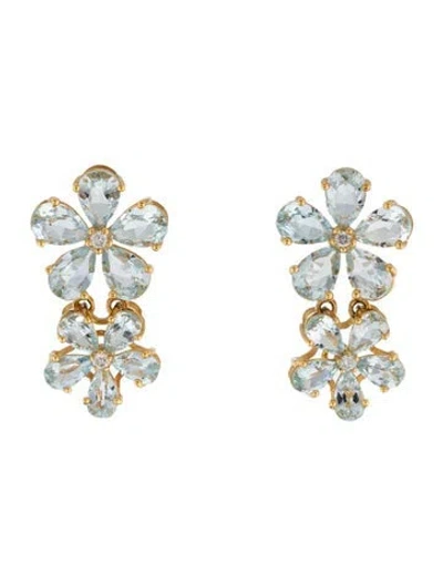 Pre-owned Kai Fine Jewelry 14k Aquamarine & Diamond Flower Drop Earrings In Multicolor