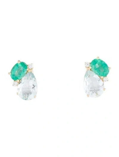 Pre-owned Kai Fine Jewelry 14k Emerald, Aquamarine & Diamond Stud Earrings In Multi