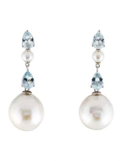 Pre-owned Kai Fine Jewelry 14k Pearl & Aquamarine Drop Earrings In Multi