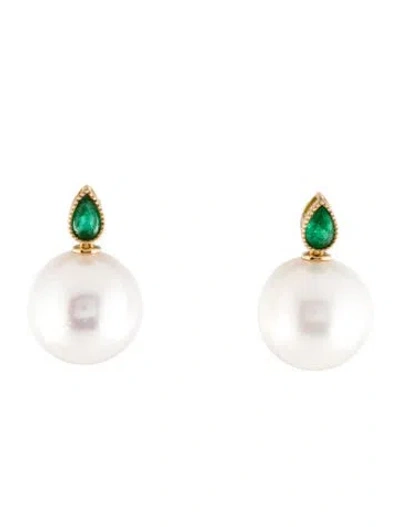 Pre-owned Kai Fine Jewelry 14k Pearl & Emerald Drop Earrings In Multi