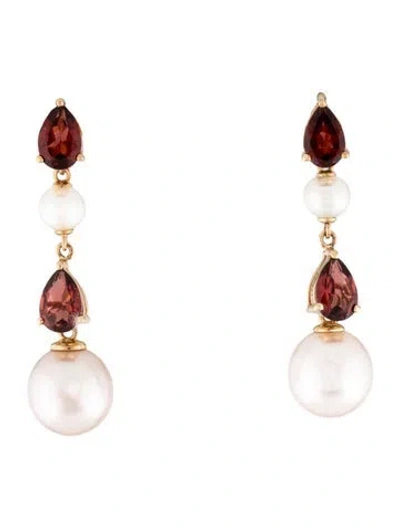 Pre-owned Kai Fine Jewelry 14k Pearl & Garnet Venus Tears Drop Earrings In Multicolor