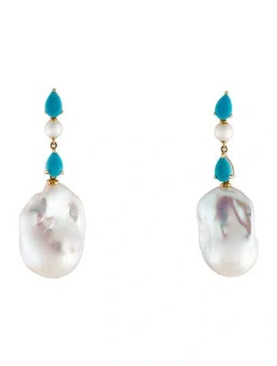 Pre-owned Kai Fine Jewelry 14k Pearl & Turquoise Venus Tears Drop Earrings In Multi