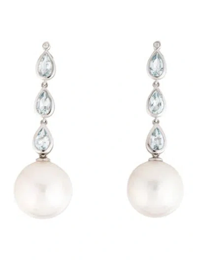 Pre-owned Kai Fine Jewelry 14k Pearl, Aquamarine & Diamond Convertible Drop Earrings In Multicolor