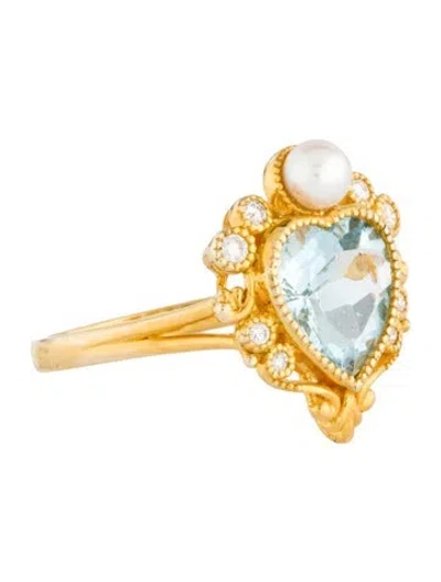 Pre-owned Kai Fine Jewelry 14k Pearl, Aquamarine & Diamond 'on My Heart' Cocktail Ring In Multi