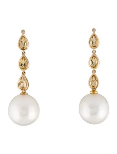 Pre-owned Kai Fine Jewelry 14k Pearl, Citrine & Diamond Drop Earrings In Multi