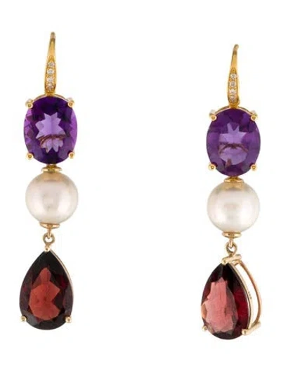 Pre-owned Kai Fine Jewelry 14k Pearl, Diamond, Amethyst, & Garnet Convertible Drop Earrings In Multi