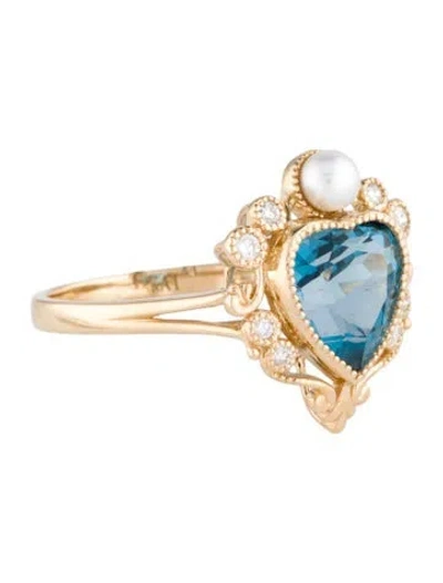 Pre-owned Kai Fine Jewelry 14k Pearl, Diamond, & Topaz Heart Cocktail Ring In Multi