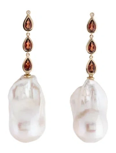 Pre-owned Kai Fine Jewelry 14k Pearl, Garnet, & Diamond Convertible Drop Earrings In Multicolor