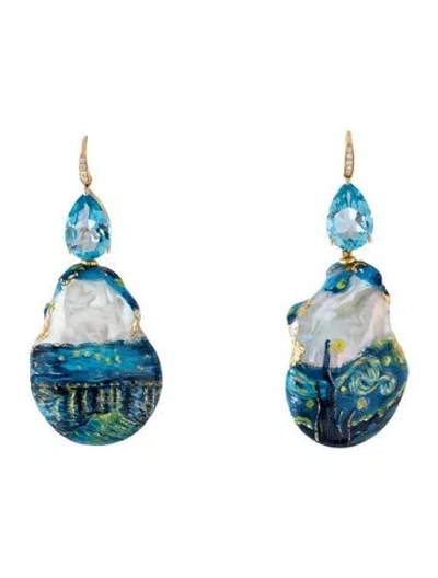 Pre-owned Kai Fine Jewelry 14k Pearl, Topaz & Diamond Starry Night Convertible Drop Earrings In Blue/gold/orange