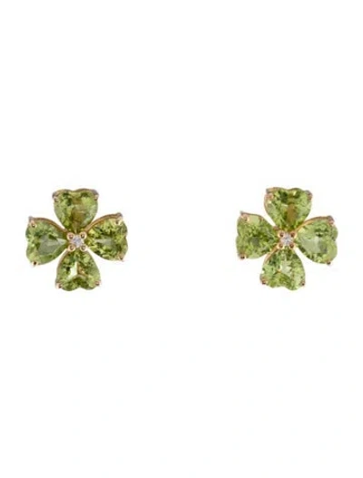 Pre-owned Kai Fine Jewelry 14k Peridot & Diamond Clover Stud Earrings In Multicolor