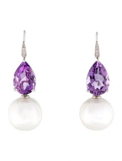 Pre-owned Kai Fine Jewelry Pearl, Amethyst & Diamond Drop Earrings In Multi