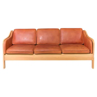 Pre-owned Kai Lyngfeldt Larsen Patina Leather Beech Frame Yngve Ekström Three Seat Sofa, Sweden, Minimalist In Brown