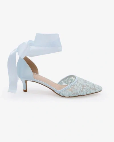 Kailee P. Kailee P Claudia Crochet Lace Pointy Toe Wedding Kitten Low Heel With Wrapped Satin Ribbon Tie In Blue