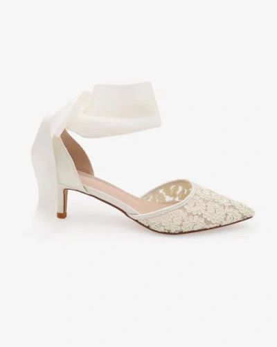 Kailee P. Kailee P Claudia Crochet Lace Pointy Toe Wedding Kitten Low Heel With Wrapped Satin Ribbon Tie In White