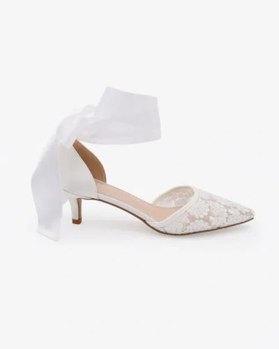 Kailee P. Kailee P Claudia Crochet Lace Pointy Toe Wedding Kitten Low Heel With Wrapped Satin Ribbon Tie In White