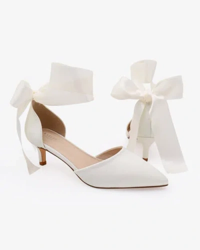 Kailee P. Kailee P Farah Satin Pointy Toe Kitten Low Heel With Wrapped Satin Ribbon Tie In White
