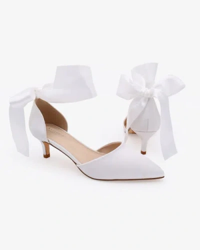 Kailee P. Kailee P Farah Satin Pointy Toe Kitten Low Heel With Wrapped Satin Ribbon Tie In White