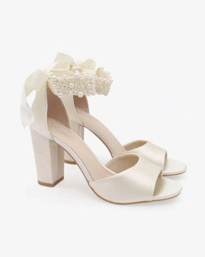 Kailee P. Kailee P Sasha Satin Block Heel Wedding Sandals With Perla Ankle Strap In White