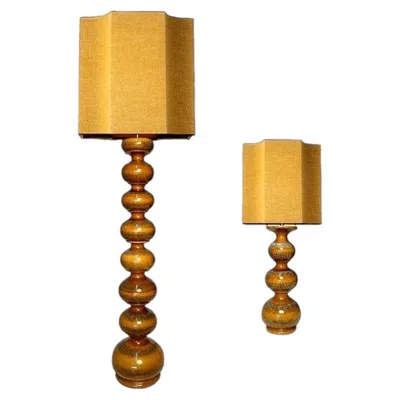 Pre-owned Kaiser Extra Large Ceramic Lamps With New Silk Custom Made Lampshades René Houben, Pair In Brown