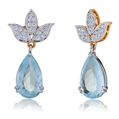Kaizarin Women's Silver / Blue / Gold Aquamarine Drops & Lotus Diamond Earrings In Yellow & White Gold