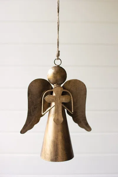 Kalalou Antique Brass Angel Door Hanger Holding A Cross In Gold