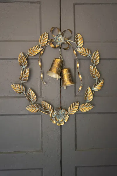 Kalalou Antique Brass Christmas Wreath Leaves And Bells
