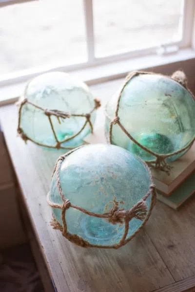 Kalalou Antique Glass Float With Rope In Blue